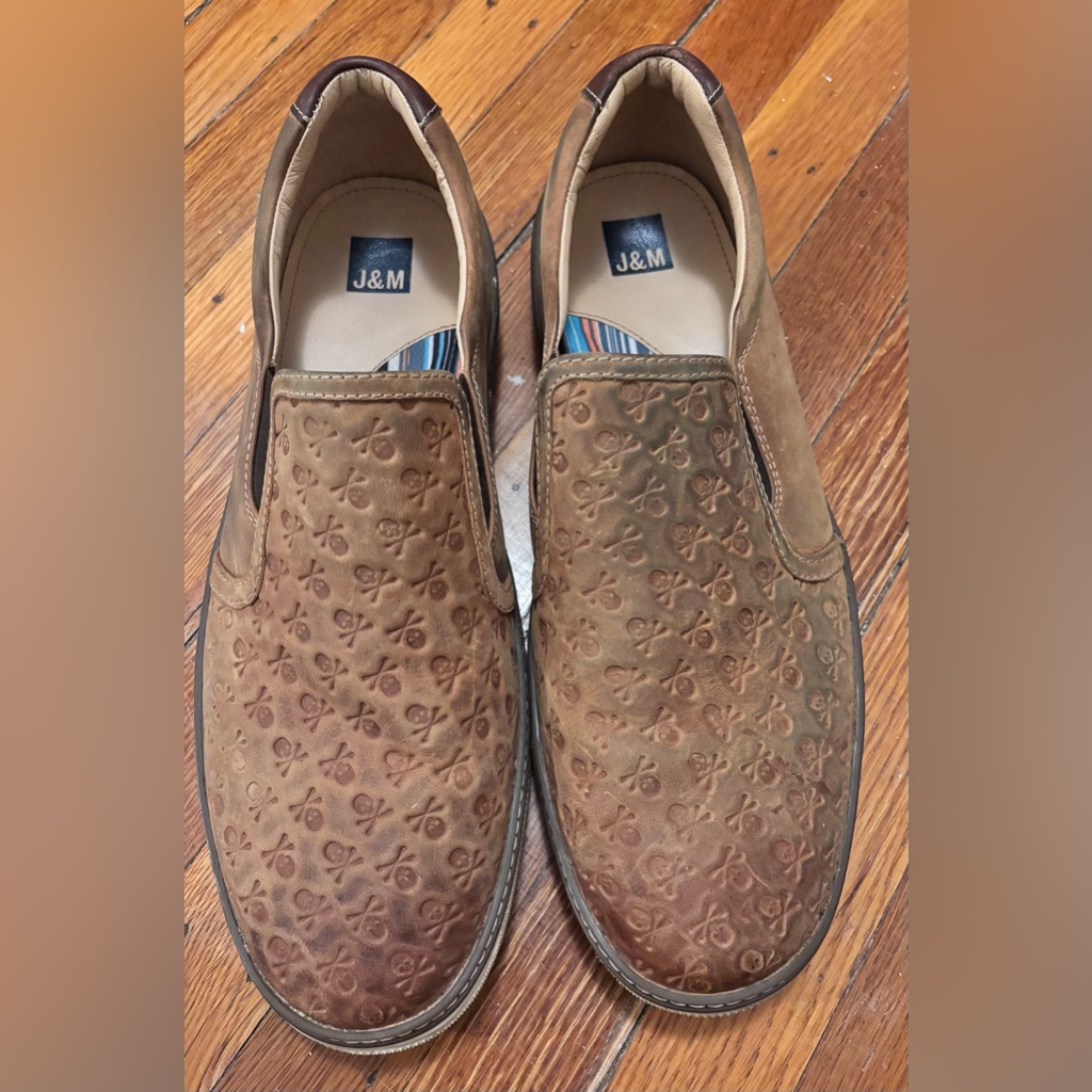 Johnston & Murphy Mcguffey Tan Leather Skull And Crossbones Loafers, Size 12